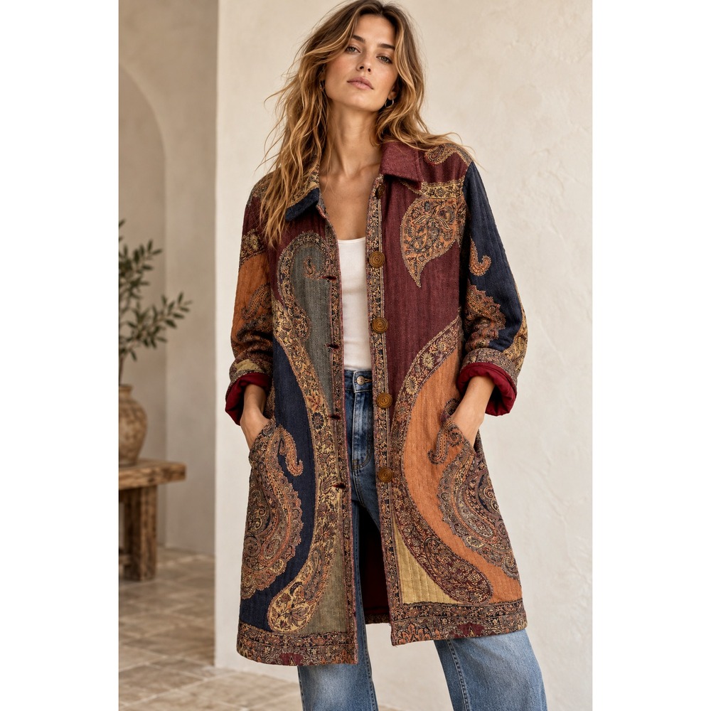 Mirasol Womens L Paisley Long Jacket Coat Boho Tapestry Button Front India